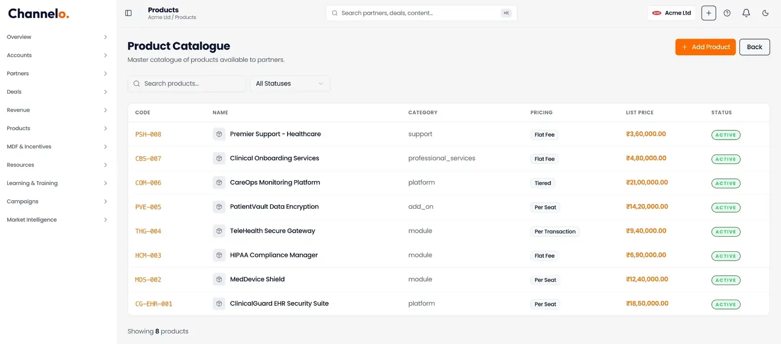 Partner revenue management product catalogue in Channelo PRM with flat fee, per seat, tiered and per transaction pricing models